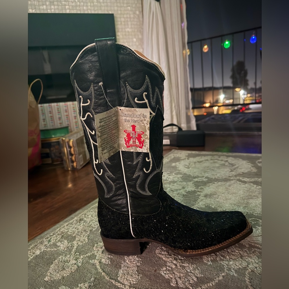 TANNER MARK COWBOY BOOTS 9.5 Black/white Shimmery Western Cowboy Boots NEW